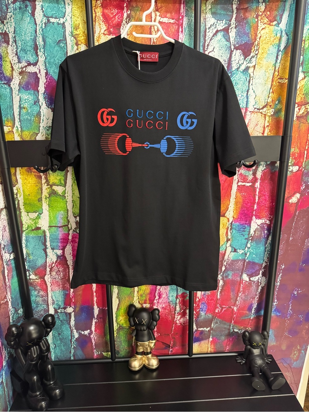 Gucci Black Crewneck T-Shirt with Red & Blue Logo Graphic